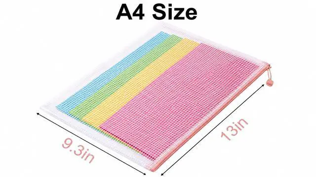 Alt view image 2 of 6 - Mesh Zipper Bags 4 Pack A4 Size Plastic Storage Pouches with Zipper | Water-Resistant Clear Mesh Organizer for Documents Papers, Office Supplies, Cosmetics Travel Toiletries, Reusable A4 Size