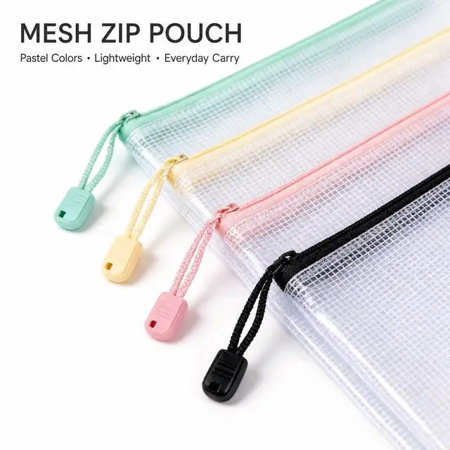 Alt view image 3 of 6 - Mesh Zipper Bags 4 Pack A4 Size Plastic Storage Pouches with Zipper | Water-Resistant Clear Mesh Organizer for Documents Papers, Office Supplies, Cosmetics Travel Toiletries, Reusable A4 Size