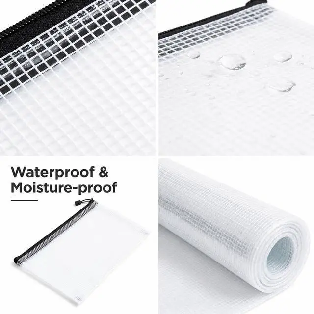 Alt view image 4 of 6 - Mesh Zipper Bags 4 Pack A4 Size Plastic Storage Pouches with Zipper | Water-Resistant Clear Mesh Organizer for Documents Papers, Office Supplies, Cosmetics Travel Toiletries, Reusable A4 Size