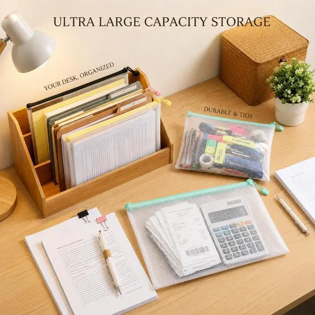 Alt view image 5 of 6 - Mesh Zipper Bags 4 Pack A4 Size Plastic Storage Pouches with Zipper | Water-Resistant Clear Mesh Organizer for Documents Papers, Office Supplies, Cosmetics Travel Toiletries, Reusable A4 Size
