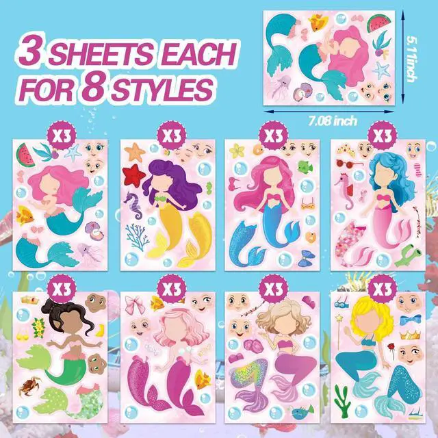 Alt view image 2 of 7 - 24 Sheets Make Your Own Mermaid Stickers, Make a Face Sticker for Girls | Mermaid Birthday Party Favors , Mermaid decoration Classroom Teacher Rewards, Art Craft Supplies