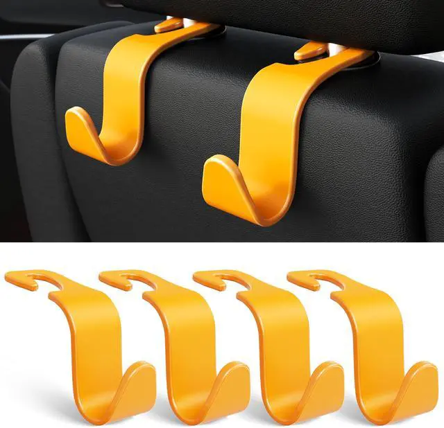 Main image of 4-Pack Car Headrest Hooks Holds 55lbs Seat Storage Organizer for Bags | Durable ABS Material, 360° Rotating, Car Hanger for Backpack Umbrella Water Bottle Coat Purses Handbags Groceries, Yellow