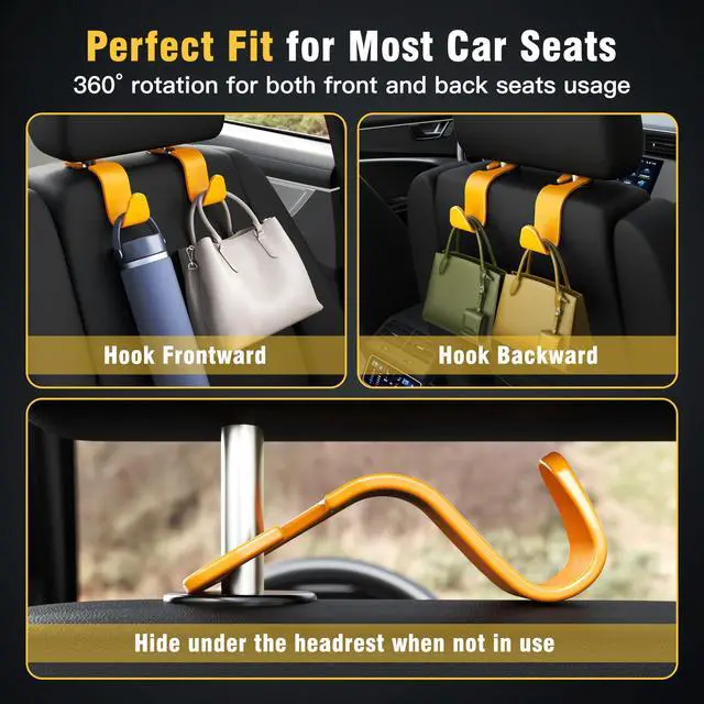 Alt view image 3 of 6 - 4-Pack Car Headrest Hooks Holds 55lbs Seat Storage Organizer for Bags | Durable ABS Material, 360° Rotating, Car Hanger for Backpack Umbrella Water Bottle Coat Purses Handbags Groceries, Yellow