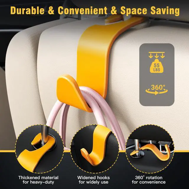 Alt view image 5 of 6 - 4-Pack Car Headrest Hooks Holds 55lbs Seat Storage Organizer for Bags | Durable ABS Material, 360° Rotating, Car Hanger for Backpack Umbrella Water Bottle Coat Purses Handbags Groceries, Yellow