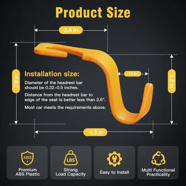 Alt view image 6 of 6 - 4-Pack Car Headrest Hooks Holds 55lbs Seat Storage Organizer for Bags | Durable ABS Material, 360° Rotating, Car Hanger for Backpack Umbrella Water Bottle Coat Purses Handbags Groceries, Yellow