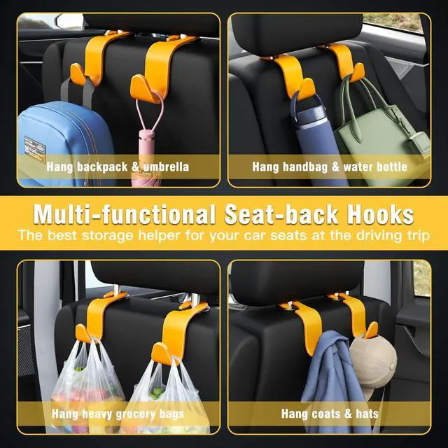 Alt view image 4 of 6 - 4-Pack Car Headrest Hooks Holds 55lbs Seat Storage Organizer for Bags | Durable ABS Material, 360° Rotating, Car Hanger for Backpack Umbrella Water Bottle Coat Purses Handbags Groceries, Yellow
