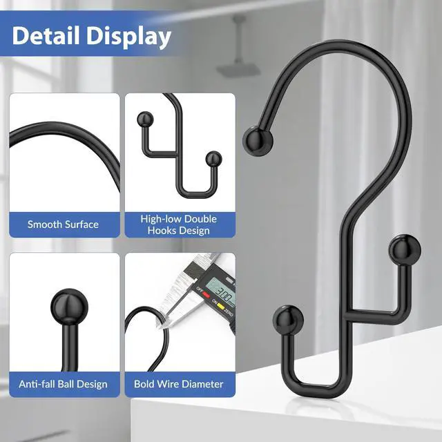Alt view image 3 of 7 - Shower Curtain Hooks, Black Shower Curtain Hooks Rust Proof, Anti-Drop Metal Shower Curtain Rings Hooks, Double Shower Hooks for Shower Curtain, Shower Rings for Curtain & Liner, Black-12 Pcs