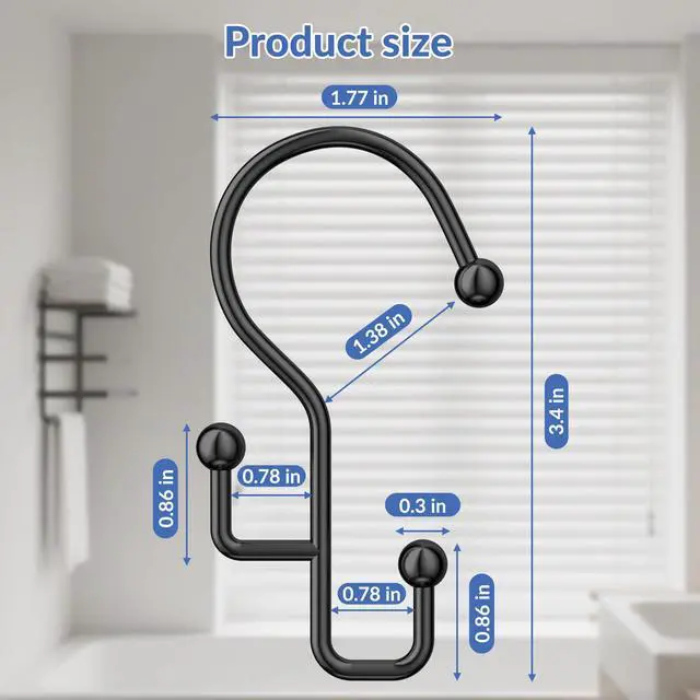 Alt view image 6 of 7 - Shower Curtain Hooks, Black Shower Curtain Hooks Rust Proof, Anti-Drop Metal Shower Curtain Rings Hooks, Double Shower Hooks for Shower Curtain, Shower Rings for Curtain & Liner, Black-12 Pcs