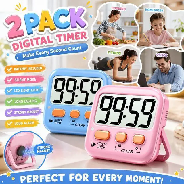 Alt view image 2 of 7 - 2 Pack Digital Timer for Kids Classroom Kitchen Timers for Cooking | w/ Battery, Easy to View, Alarm, Mute Mode, Count Down/Up, Magnetic, Kickstand, Hanging, Classroom Timer for Teacher Supplies
