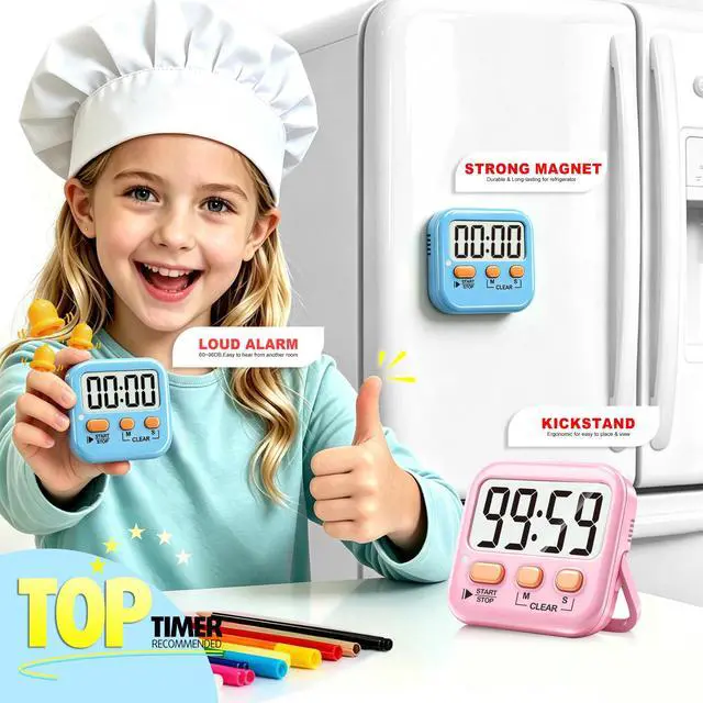 Alt view image 4 of 7 - 2 Pack Digital Timer for Kids Classroom Kitchen Timers for Cooking | w/ Battery, Easy to View, Alarm, Mute Mode, Count Down/Up, Magnetic, Kickstand, Hanging, Classroom Timer for Teacher Supplies
