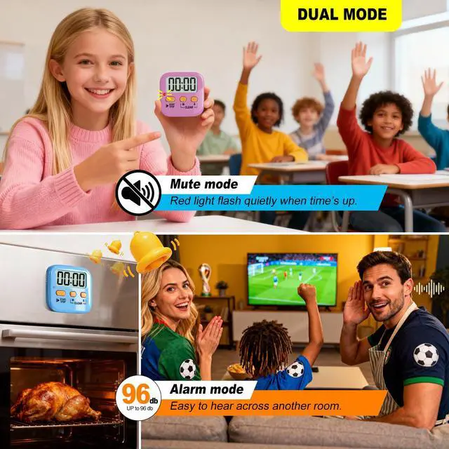 Alt view image 7 of 7 - 2 Pack Digital Timer for Kids Classroom Kitchen Timers for Cooking | w/ Battery, Easy to View, Alarm, Mute Mode, Count Down/Up, Magnetic, Kickstand, Hanging, Classroom Timer for Teacher Supplies