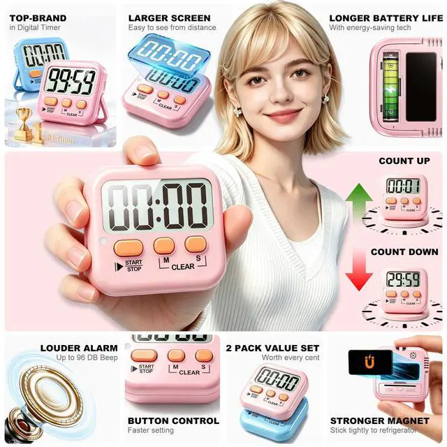 Alt view image 5 of 7 - 2 Pack Digital Timer for Kids Classroom Kitchen Timers for Cooking | w/ Battery, Easy to View, Alarm, Mute Mode, Count Down/Up, Magnetic, Kickstand, Hanging, Classroom Timer for Teacher Supplies
