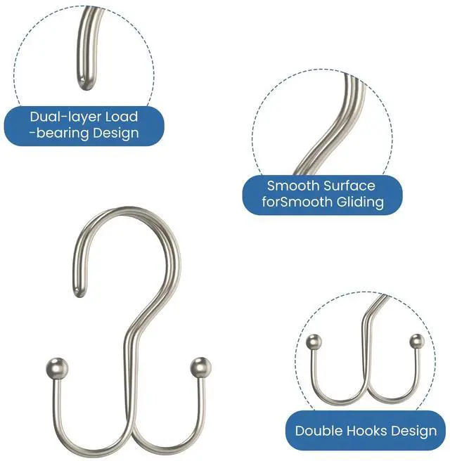 Alt view image 2 of 7 - Nickel Shower Curtain Hooks Double Sided,Rust Proof Double Shower Curtain Rings for Bathroom Shower Rods, Anti-Drop Double Shower Rings for Curtain,Shower Hangers Hooks Set of 12