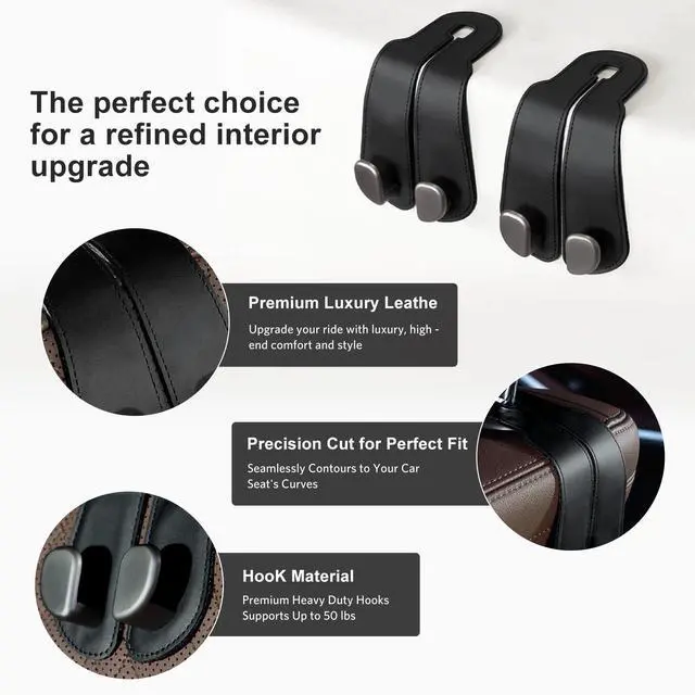 Alt view image 2 of 6 - Purse Hook for Car - Universal Premium Stitched Leather and Aluminum-Magnesium Alloy Double Car Seat Back Storage Hook for Purses, Handbags, Bags (2 Pack),Black