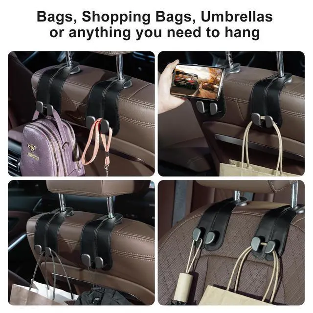 Alt view image 3 of 6 - Purse Hook for Car - Universal Premium Stitched Leather and Aluminum-Magnesium Alloy Double Car Seat Back Storage Hook for Purses, Handbags, Bags (2 Pack),Black