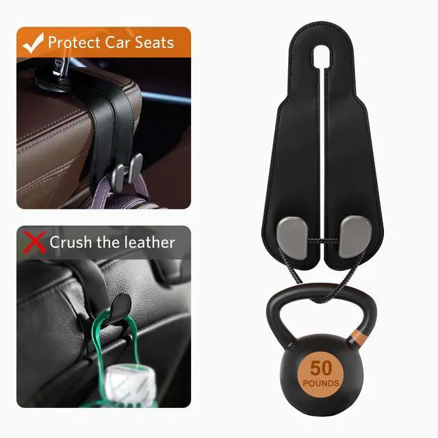 Alt view image 4 of 6 - Purse Hook for Car - Universal Premium Stitched Leather and Aluminum-Magnesium Alloy Double Car Seat Back Storage Hook for Purses, Handbags, Bags (2 Pack),Black