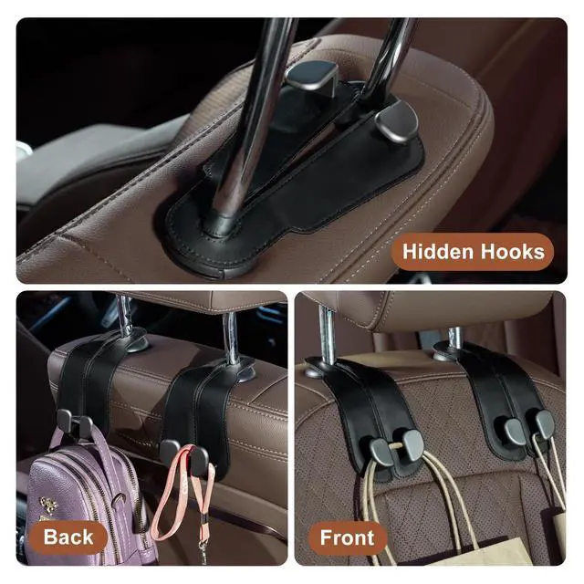 Alt view image 5 of 6 - Purse Hook for Car - Universal Premium Stitched Leather and Aluminum-Magnesium Alloy Double Car Seat Back Storage Hook for Purses, Handbags, Bags (2 Pack),Black