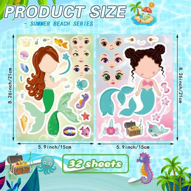 Alt view image 2 of 7 - Mermaid Stickers for Kids, Make Your Own Mermaid Stickers, Ocean Party | 24 Sheets Make A Mermaid Stickers Party Favors, Classroom Teacher Rewards,Mermaid Themed Art Craft Supplies