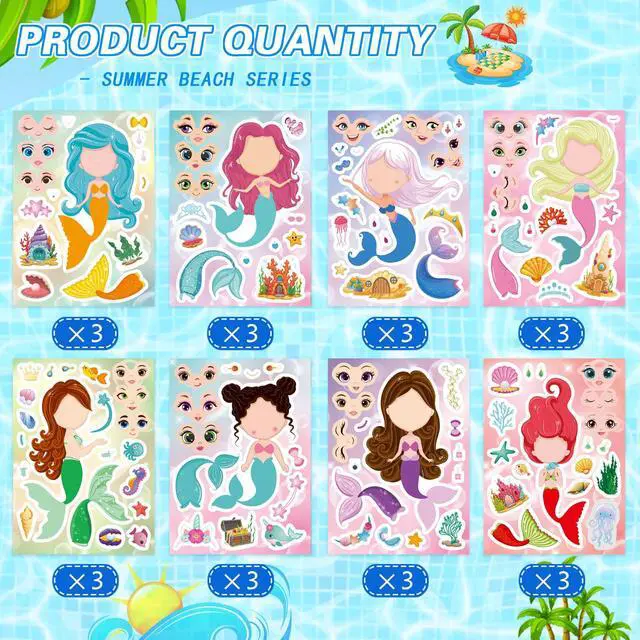 Alt view image 3 of 7 - Mermaid Stickers for Kids, Make Your Own Mermaid Stickers, Ocean Party | 24 Sheets Make A Mermaid Stickers Party Favors, Classroom Teacher Rewards,Mermaid Themed Art Craft Supplies