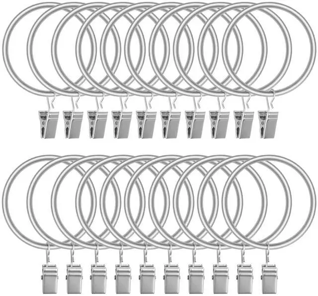 Main image of 20 Pack Curtain Rings with Clips Hooks 1.5 in Diameter Rustproof | Metal Stainless Steel Drapery Rings for Tension Rod Bracket Eyelets Decorative Hanger, Fits 1.38 in Rods, Matte Silver
