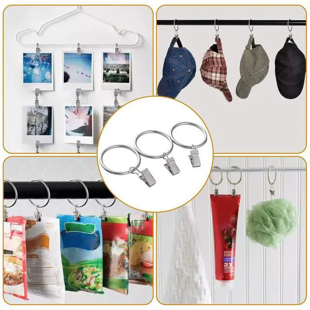 Alt view image 3 of 7 - 20 Pack Curtain Rings with Clips Hooks 1.5 in Diameter Rustproof | Metal Stainless Steel Drapery Rings for Tension Rod Bracket Eyelets Decorative Hanger, Fits 1.38 in Rods, Matte Silver