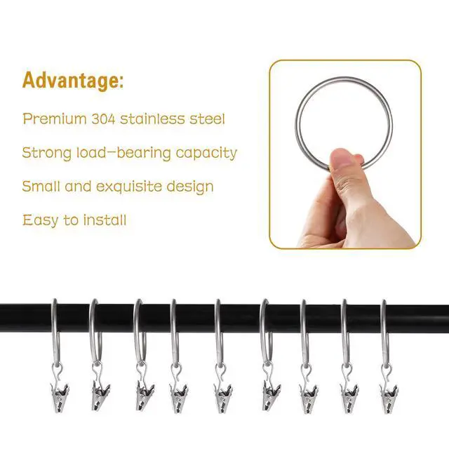 Alt view image 4 of 7 - 20 Pack Curtain Rings with Clips Hooks 1.5 in Diameter Rustproof | Metal Stainless Steel Drapery Rings for Tension Rod Bracket Eyelets Decorative Hanger, Fits 1.38 in Rods, Matte Silver