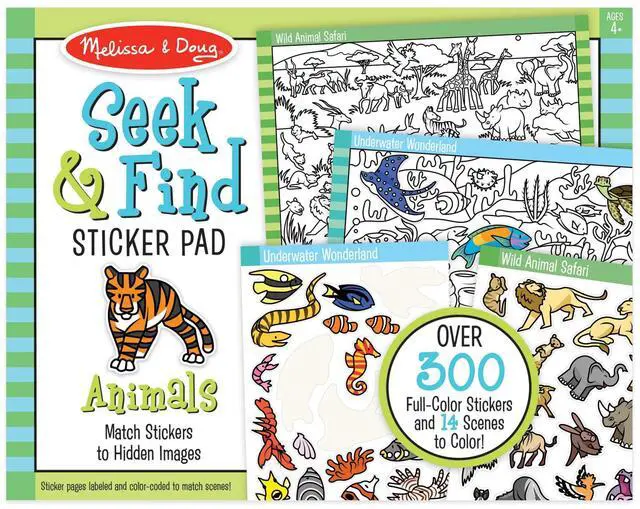 Main image of Seek & Find Sticker Pad Animals, 400+ Stickers & 14 Scenes to Color, Search & Find Sticker Activity Pad for Coloring & Matching, Creative Learning Toys for Kids 4+ - FSC Certified