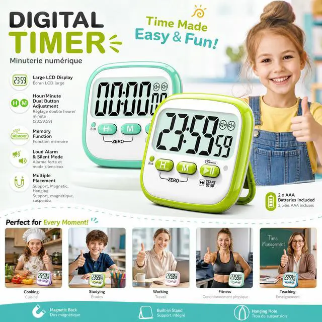 Alt view image 2 of 7 - 2 Pack Classroom Timers for Kids Teachers, Magnetic Countdown Digital Kitchen Timer for Cooking, Study, Exercise, Games, Time Mangement - Loud/Silent Mode - Battery Included