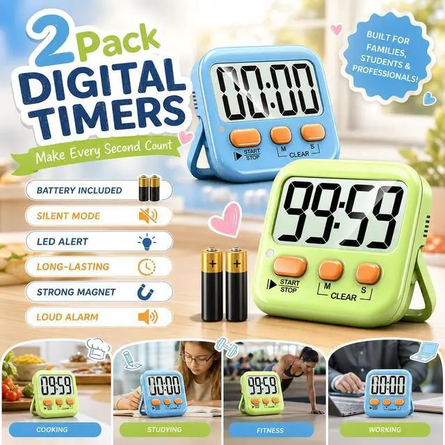 Alt view image 2 of 7 - 2 Pack Digital Timer for Kids Classroom Kitchen Timers for Cooking | w/ Battery, Easy to View, Alarm, Mute Mode, Count Down/Up, Magnetic, Kickstand, Hanging, Classroom Timer for Teacher Supplies