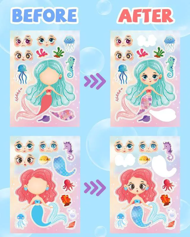 Alt view image 4 of 6 - 24 Pcs Make Your Own Mermaid Sticker, Party Favors Face Stickers for Kids | Mermaid Birthday Party Decorations, Girls Toddlers Crafts Activities, Birthday Party Favors, Gifts for Kids Classroom