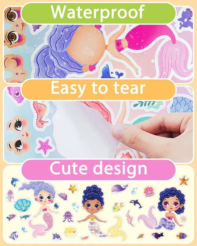 Alt view image 5 of 6 - 24 Pcs Make Your Own Mermaid Sticker, Party Favors Face Stickers for Kids | Mermaid Birthday Party Decorations, Girls Toddlers Crafts Activities, Birthday Party Favors, Gifts for Kids Classroom