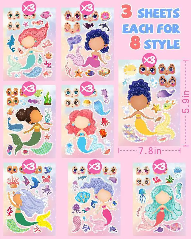 Alt view image 6 of 6 - 24 Pcs Make Your Own Mermaid Sticker, Party Favors Face Stickers for Kids | Mermaid Birthday Party Decorations, Girls Toddlers Crafts Activities, Birthday Party Favors, Gifts for Kids Classroom