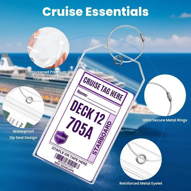 Alt view image 6 of 7 - 6 Pack Cruise Luggage Tag Holder for Carnival, Princess, Holland America | Fits Norwegian (NCL), MSC, IPX6 Waterproof Seal, Stainless Steel Loops, Durable Baggage Tags, 2026-2027 Cruise Essential
