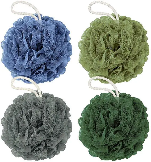 Main image of Shower Loofah Bath Sponge 4 Pack, 60G Exfoliating Body Scrubber | Luffa Mesh Shower Pouf Balls for Men and Women, Rich Lather with Body Wash, Bath Accessories (Blue Gray Green Dark Green)