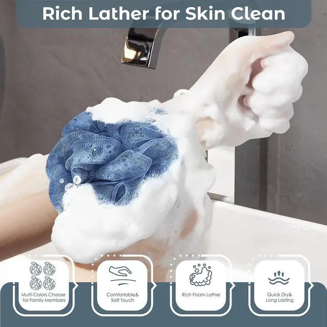 Alt view image 4 of 7 - Shower Loofah Bath Sponge 4 Pack, 60G Exfoliating Body Scrubber | Luffa Mesh Shower Pouf Balls for Men and Women, Rich Lather with Body Wash, Bath Accessories (Blue Gray Green Dark Green)