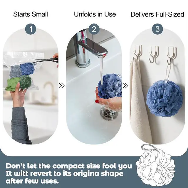 Alt view image 6 of 7 - Shower Loofah Bath Sponge 4 Pack, 60G Exfoliating Body Scrubber | Luffa Mesh Shower Pouf Balls for Men and Women, Rich Lather with Body Wash, Bath Accessories (Blue Gray Green Dark Green)