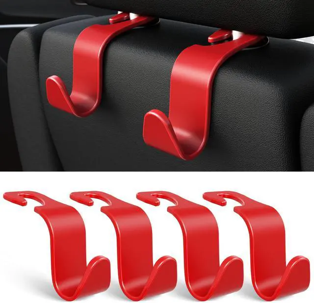 Main image of 4-Pack Car Headrest Hooks Holds 55lbs Seat Storage Organizer for Bags | Durable ABS Material, 360° Rotating, Car Hanger for Backpack Umbrella Water Bottle Coat Purses Handbags Groceries, Red