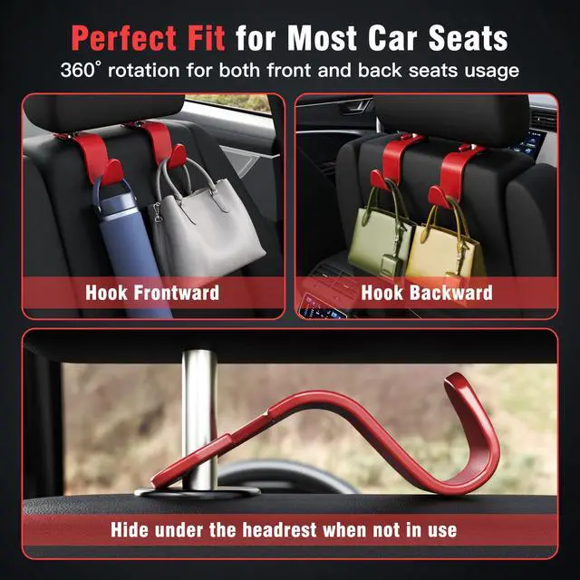 Alt view image 4 of 6 - 4-Pack Car Headrest Hooks Holds 55lbs Seat Storage Organizer for Bags | Durable ABS Material, 360° Rotating, Car Hanger for Backpack Umbrella Water Bottle Coat Purses Handbags Groceries, Red