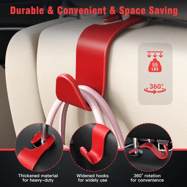 Alt view image 3 of 6 - 4-Pack Car Headrest Hooks Holds 55lbs Seat Storage Organizer for Bags | Durable ABS Material, 360° Rotating, Car Hanger for Backpack Umbrella Water Bottle Coat Purses Handbags Groceries, Red