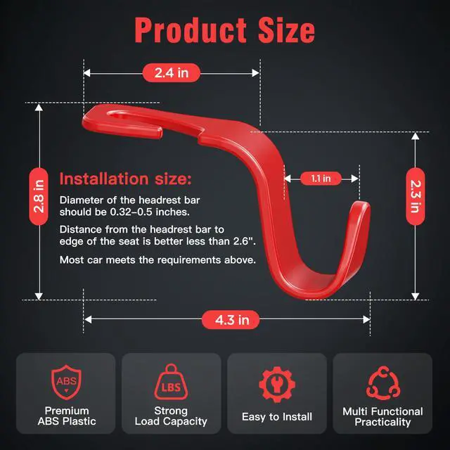 Alt view image 6 of 6 - 4-Pack Car Headrest Hooks Holds 55lbs Seat Storage Organizer for Bags | Durable ABS Material, 360° Rotating, Car Hanger for Backpack Umbrella Water Bottle Coat Purses Handbags Groceries, Red