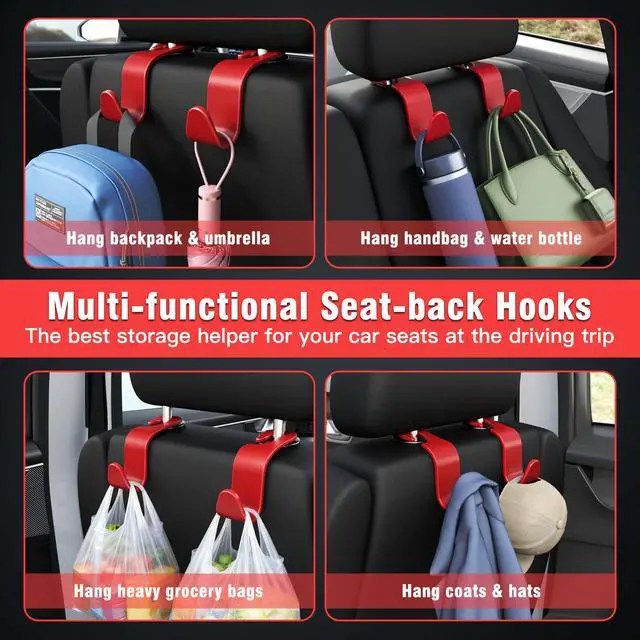 Alt view image 5 of 6 - 4-Pack Car Headrest Hooks Holds 55lbs Seat Storage Organizer for Bags | Durable ABS Material, 360° Rotating, Car Hanger for Backpack Umbrella Water Bottle Coat Purses Handbags Groceries, Red