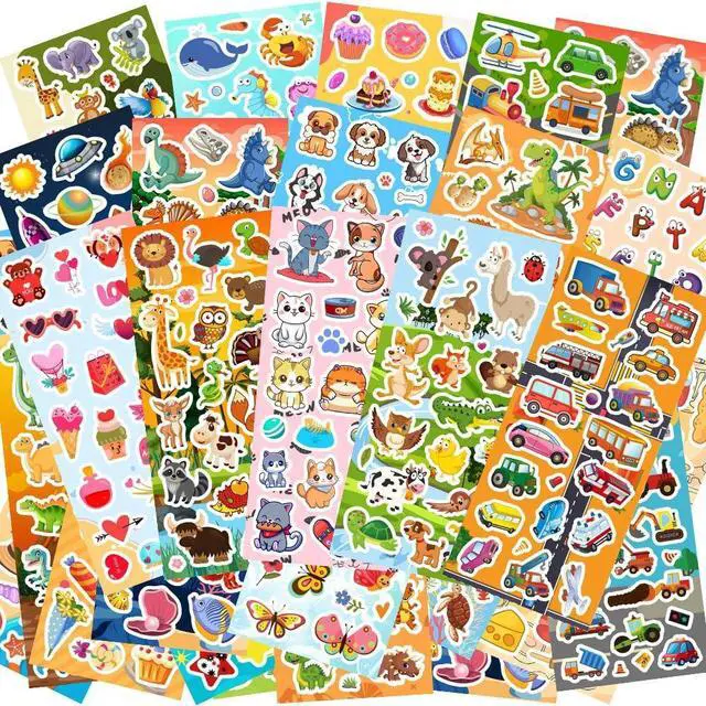Main image of 48 Sheets Stickers for Kids, Cute Stickers Variety Pack for Scrapbooking | Teachers Classroom Prizes, Goodie Bag Stuffers Including Animals, Cars, Dinosaurs, Fishes, Hearts, Stars and More