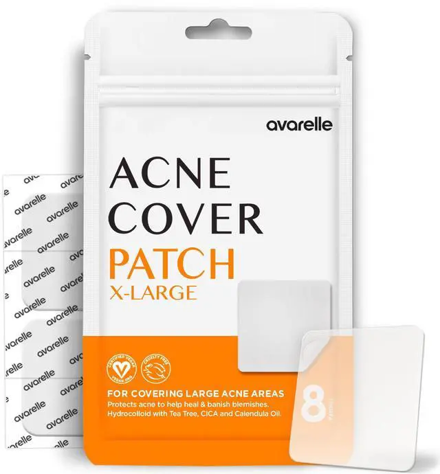 Main image of XL Large Hydrocolloid Acne Cover Patches for Face & Body 8 Count | Large Hydrocolloid Pimple Patches, Cystic Zit Patches, Big Spot Stickers, for Cheek, Nose, Body, Tea Tree, Cica, Vegan