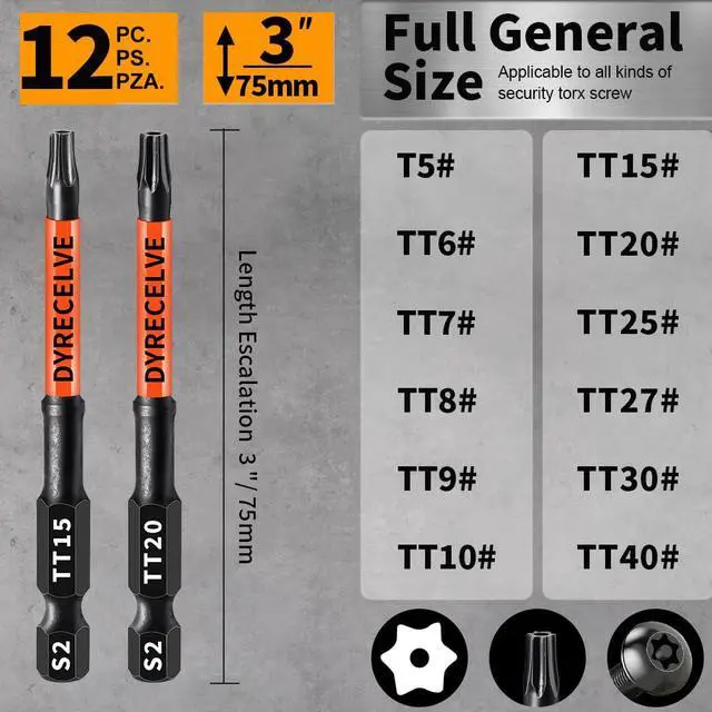 Alt view image 3 of 7 - 12-PCS Security Torx Bit Set 3IN Impact Magnetic T5-T40 Star Bits | Long Tamper Proof Torx Bit Set, S2 Steel, CNC Tips, 1/4-Inch Hex Shank, Torque Bits for Impact Driver and Power Drill