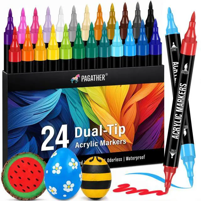 Main image of Acrylic Paint Markers, 24 Colors Dual Tip Fine & Brush Pens Set | For Rocks, Fabric, Wood, Glass & More, Perfect for DIY Crafts and Creative Art Projects with Bright, Smooth and Quick-Dry Ink