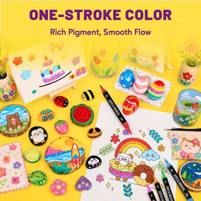 Alt view image 3 of 7 - Acrylic Paint Markers, 24 Colors Dual Tip Fine & Brush Pens Set | For Rocks, Fabric, Wood, Glass & More, Perfect for DIY Crafts and Creative Art Projects with Bright, Smooth and Quick-Dry Ink