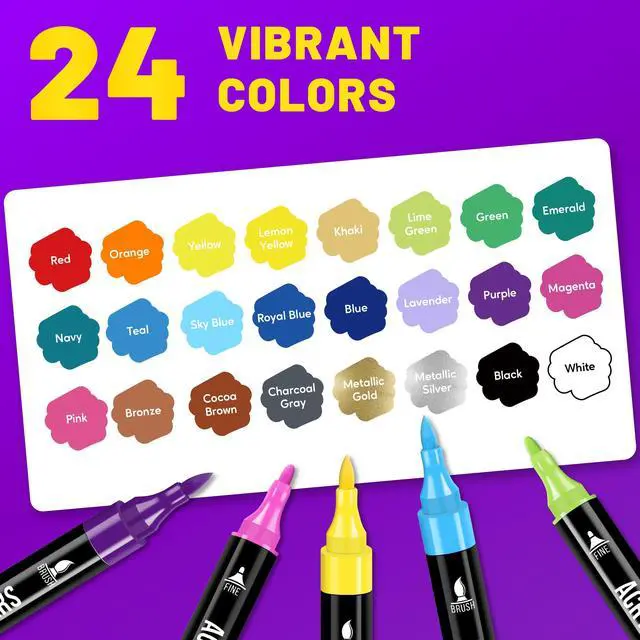 Alt view image 4 of 7 - Acrylic Paint Markers, 24 Colors Dual Tip Fine & Brush Pens Set | For Rocks, Fabric, Wood, Glass & More, Perfect for DIY Crafts and Creative Art Projects with Bright, Smooth and Quick-Dry Ink