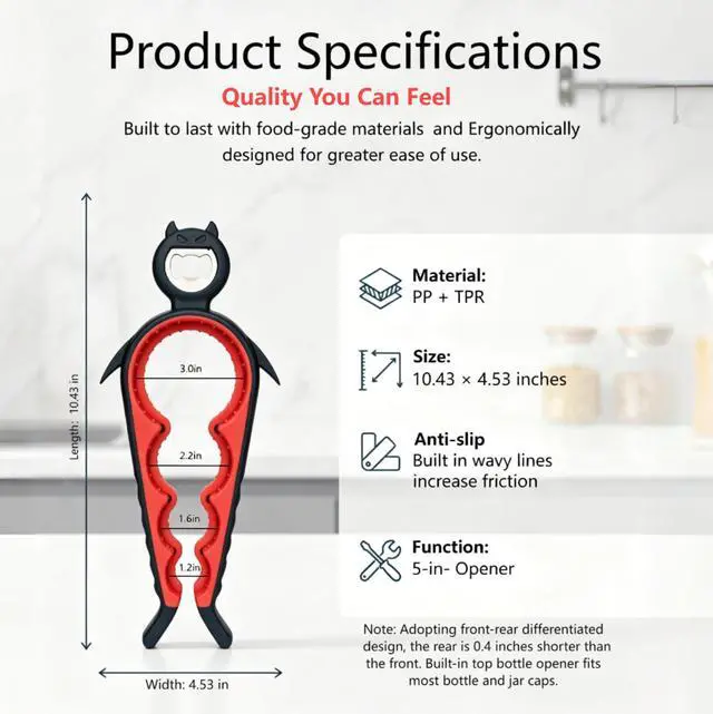 Alt view image 2 of 7 - 5 in 1 Jar Opener for Weak Hands, Bottle Opener for Seniors with Arthritis | Multi-Purpose Kitchen Tool, Non-Slip Ergonomic Handle, Opens Jars, Bottles & Cans Effortlessly, Ideal for Hand Pain