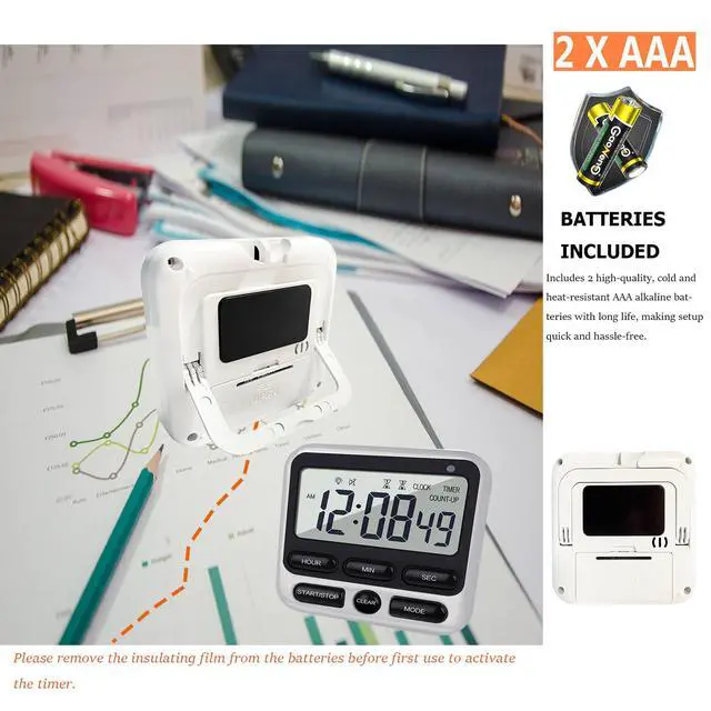 Alt view image 5 of 7 - Digital Dual Kitchen Timer with Strong Magnet,24-Hour Countdown & Stopwatch,Loud Alarm,12/24 Hour Clock Switch,Calendar,Visual Indicator Light,Mute Option,3 Placement Options (Batteries Included)