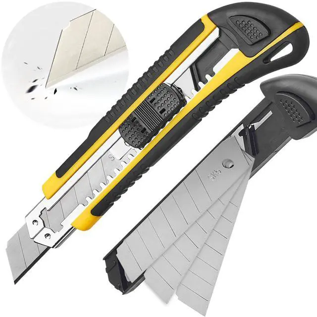 Main image of Utility Knife, Box Cutter Retractable,3 Pcs Blades Inside, 1-Pack | Retractable utility knife, 18mm SK5 snap-off blade, auto-change mechanism, TPR handle, stores 3 blades, cuts cardboard, tape